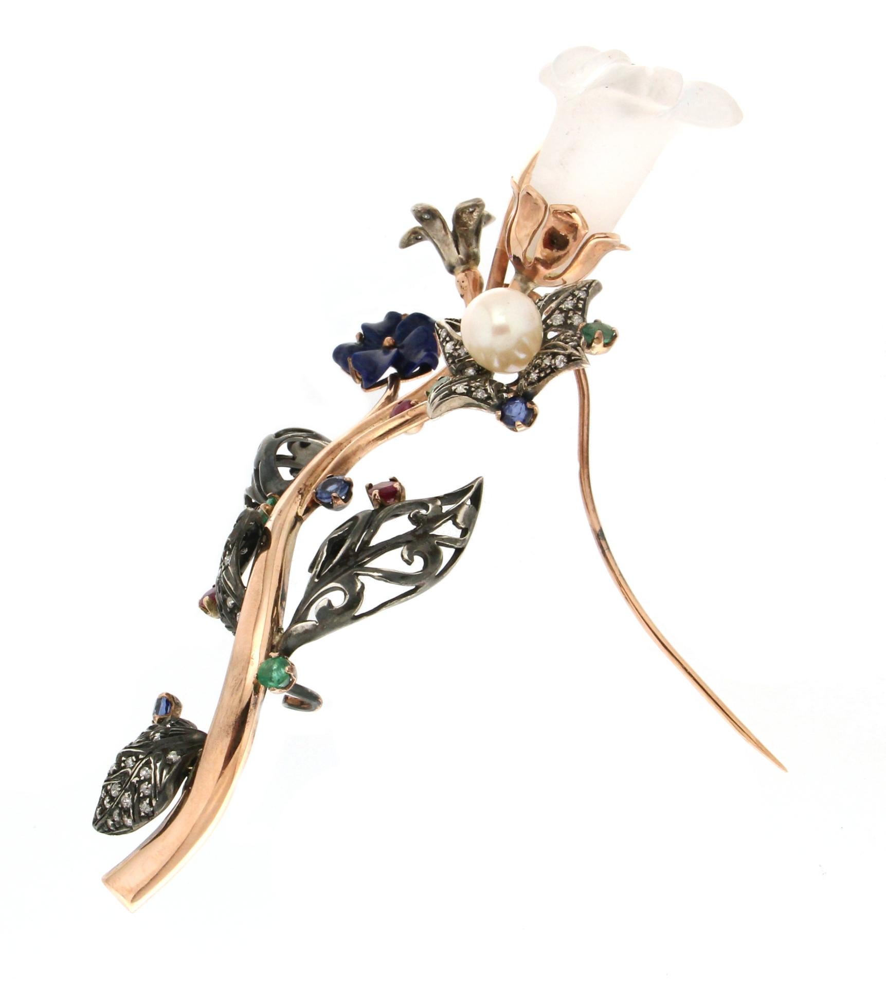 Brilliant Cut Handcraft Flower 9 Karat Yellow Gold Diamonds Precious Stones Brooch For Sale