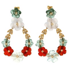 Handcraft Flowers 18 Karat Yellow Gold Diamonds Drop Earrings