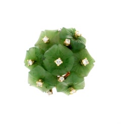 Handcraft Flowers Jade 14 Karat Yellow Gold Diamonds Cocktail Ring