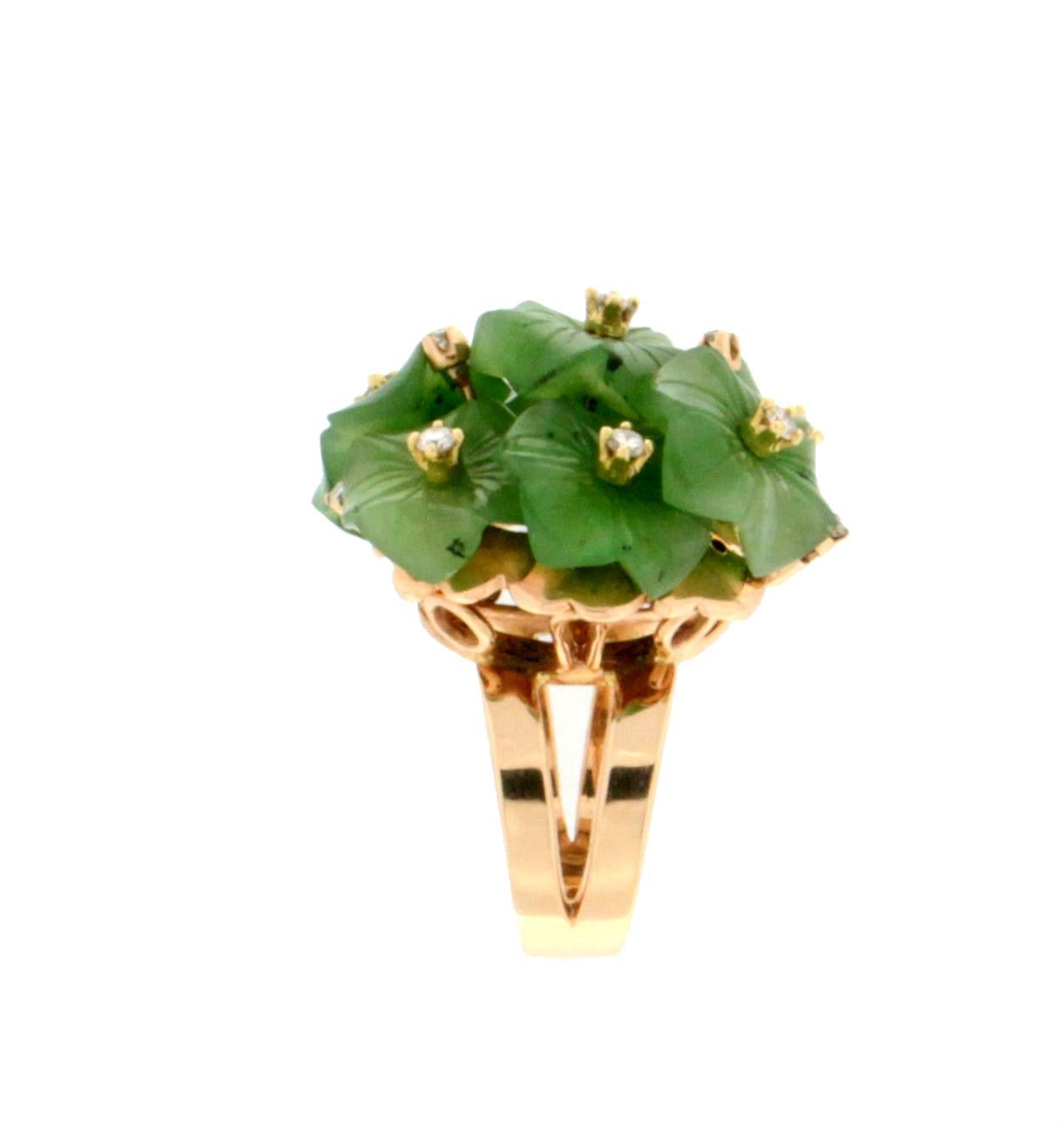 Artisan Handcraft Flowers Jade 14 Karat Yellow Gold Diamonds Cocktail Ring For Sale