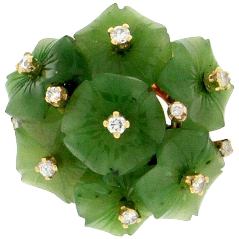 Handcraft Flowers Jade 14 Karat Yellow Gold Diamonds Cocktail Ring