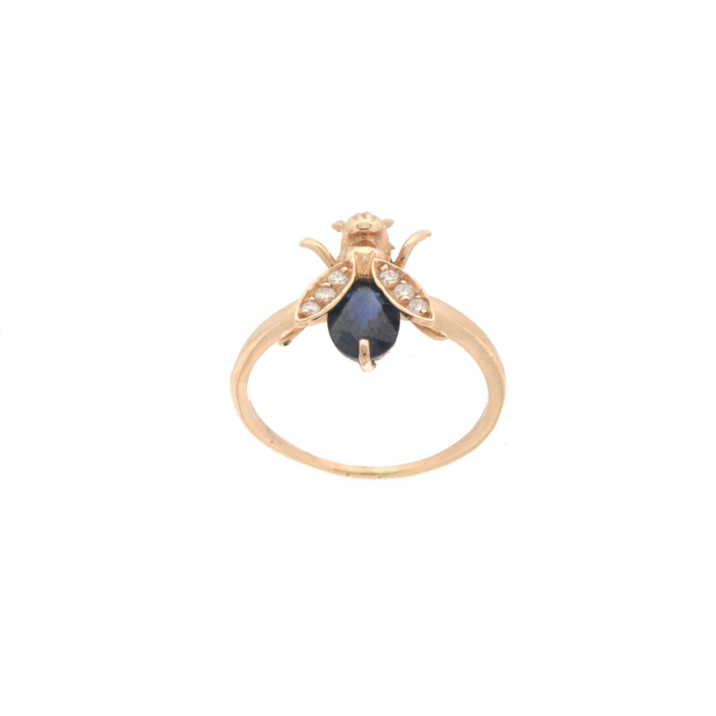14 karat yellow gold cocktail ring. Handmade by our artisans assembled with sapphire and diamonds

Sapphire weight 0.44 karat
Diamonds weight 0.09 karat
Ring total weight 2.60 grams
Ring size 7.75 US 15.80 Ita

(all rings are can be resized)