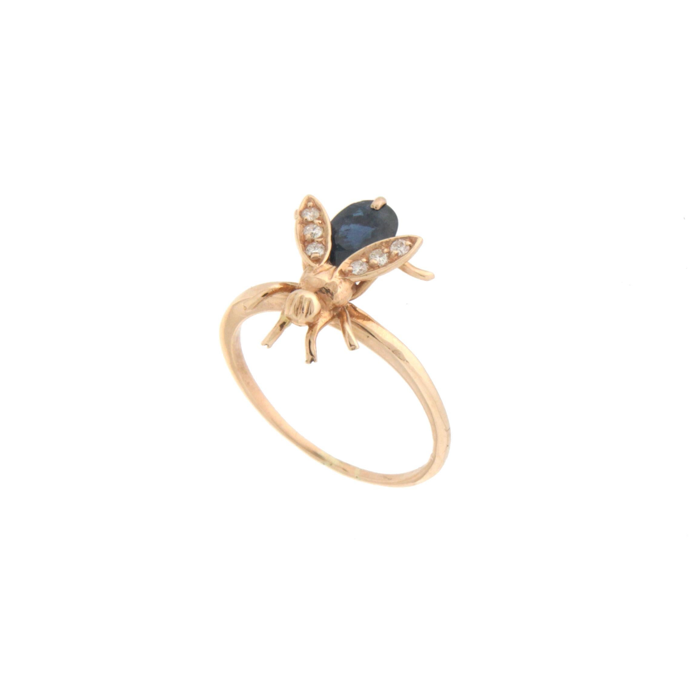 Women's Handcraft Fly 14 Karat Yellow Gold Sapphire Diamonds Cocktail Ring For Sale