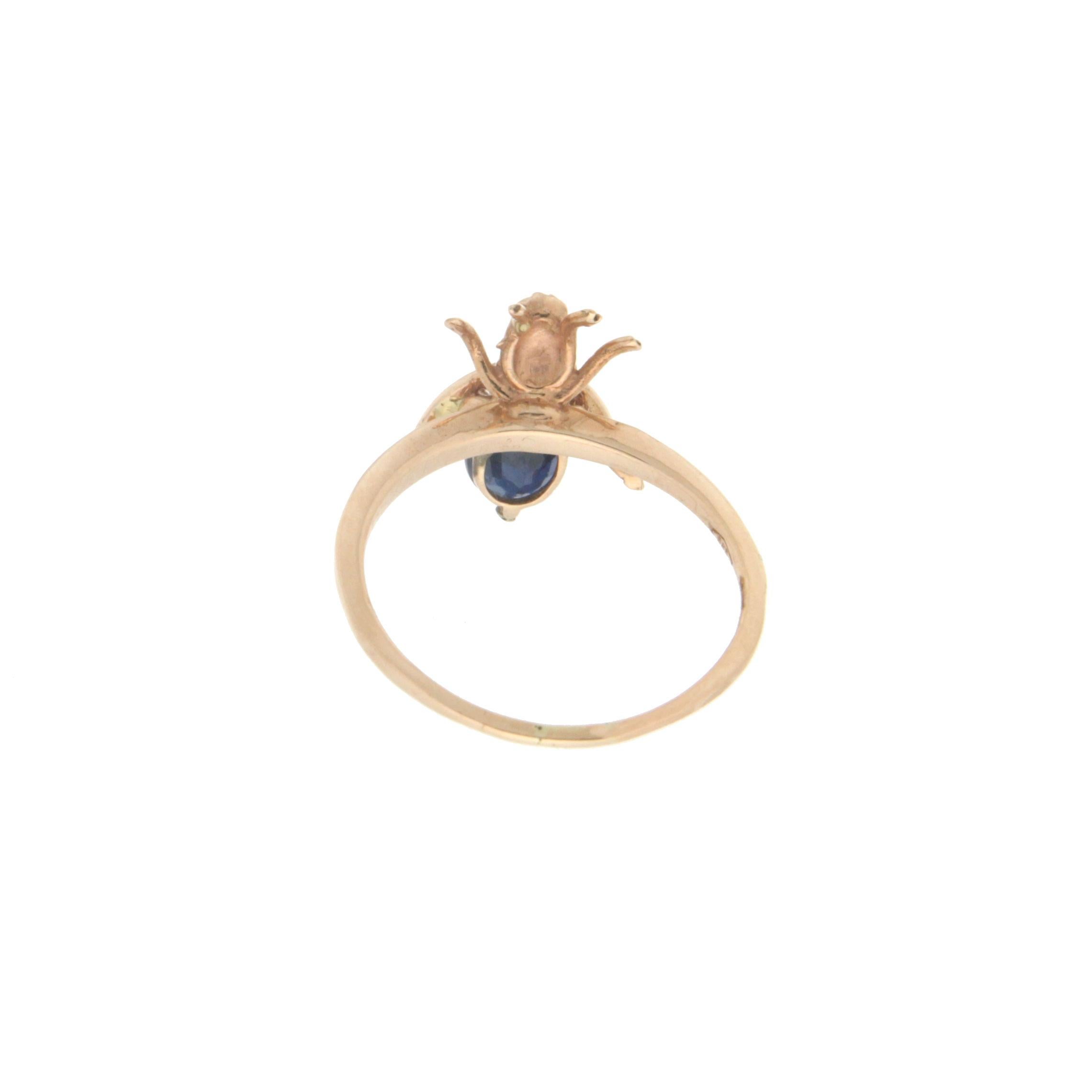 Handcraft Fly 14 Karat Yellow Gold Sapphire Diamonds Cocktail Ring For Sale 1