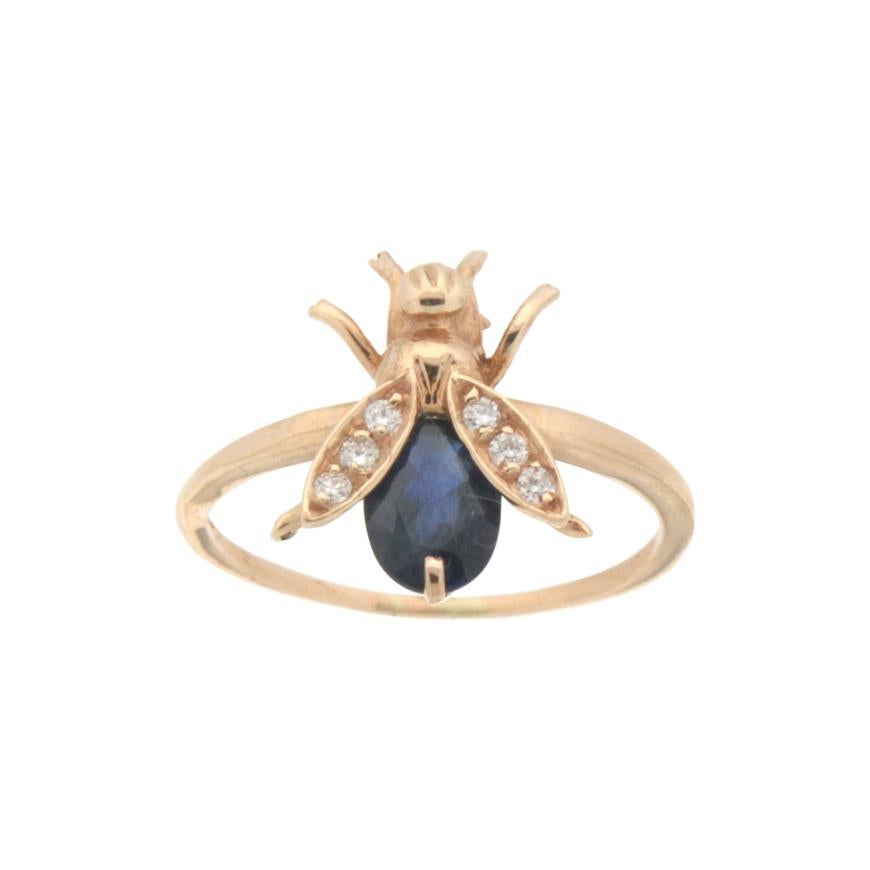 Handcraft Fly 14 Karat Yellow Gold Sapphire Diamonds Cocktail Ring For Sale