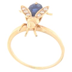 Vintage 14K Yellow Gold Fly Insect Ring with Blue Sapphire & Natural Diamond