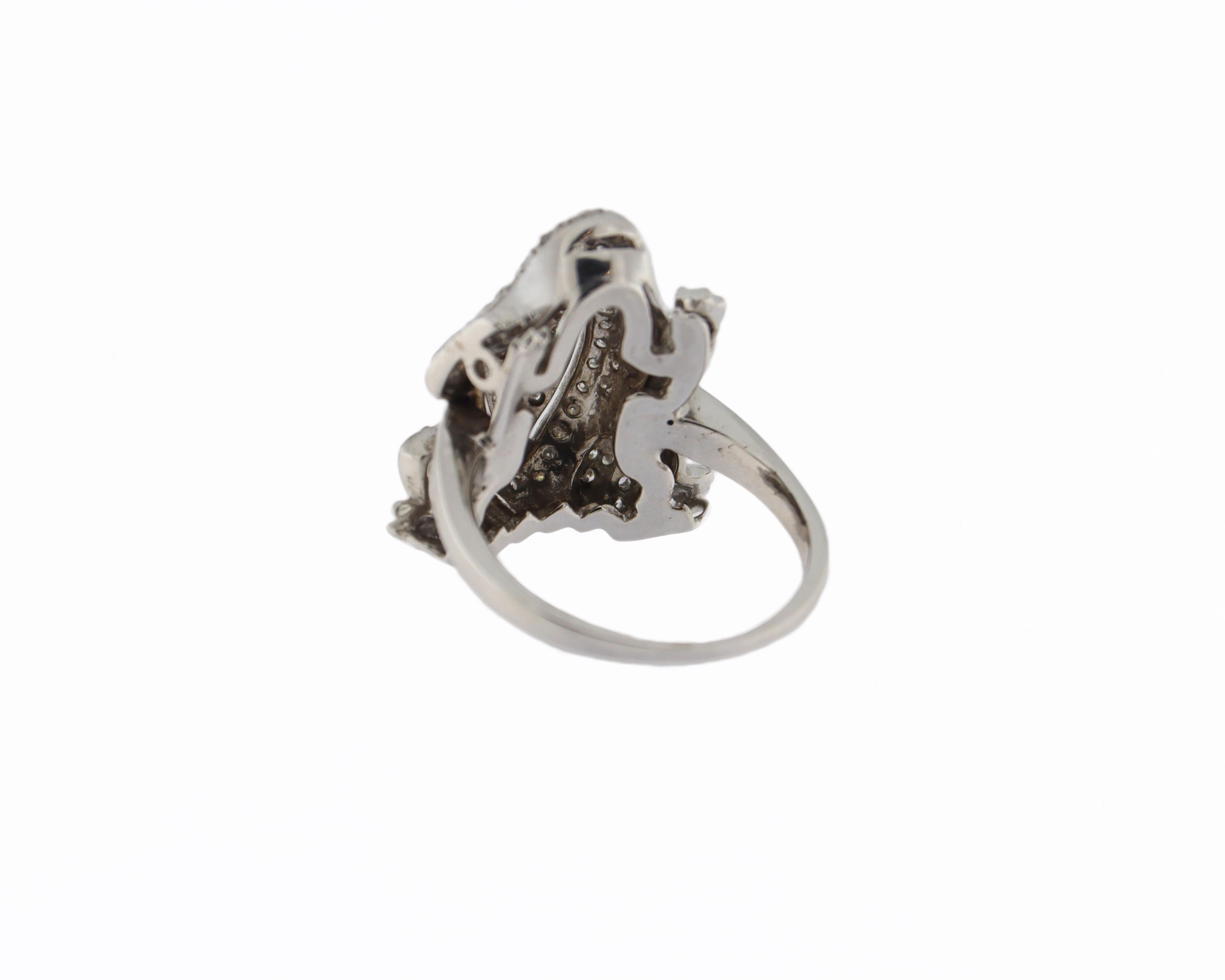 Handcraft Frog 18 Karat White Gold Diamonds Cocktail Ring For Sale 5