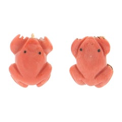 Handcraft Frog 18 Karat Yellow Gold Coral Stud Earrings