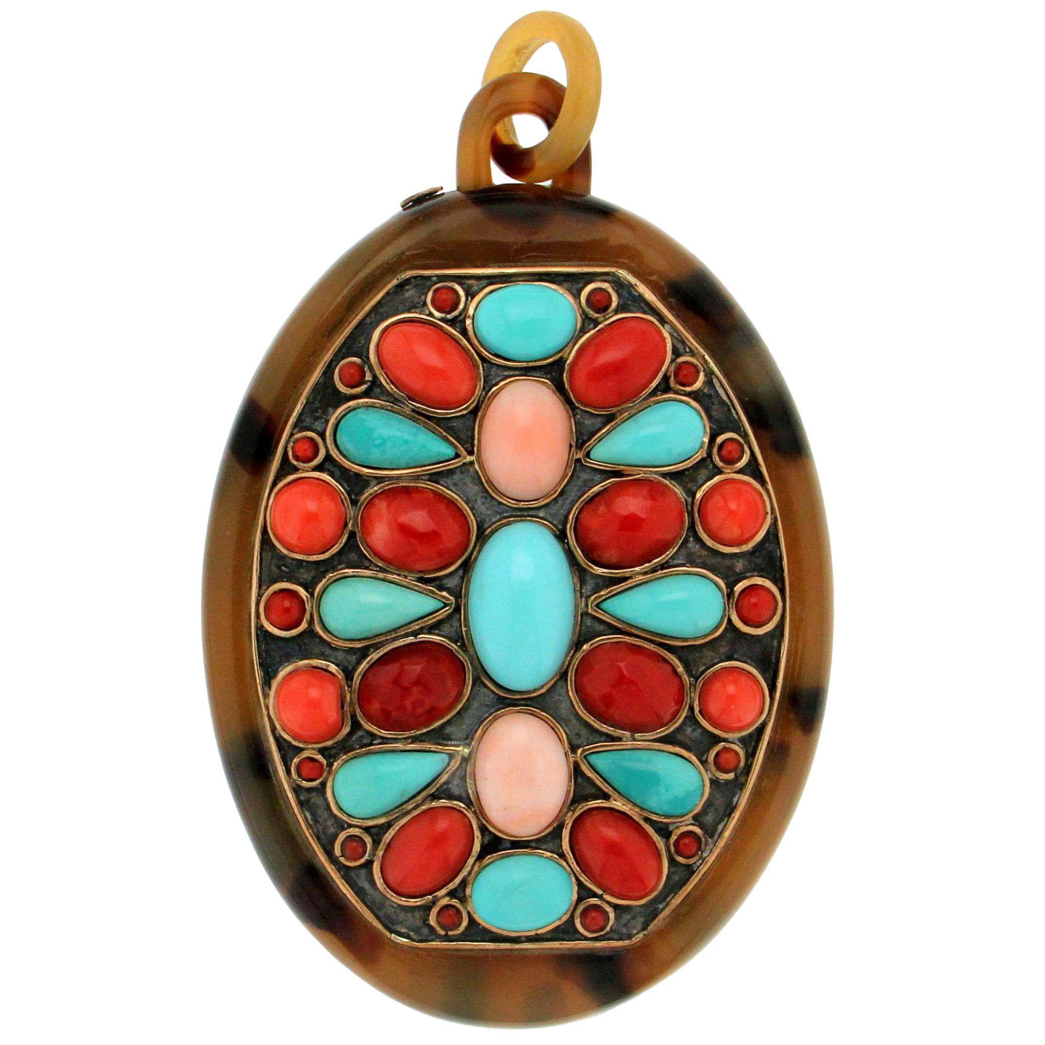 Handcraft Galalith 9 Karat Yellow Gold Coral Turquoise Pendant Necklace For Sale