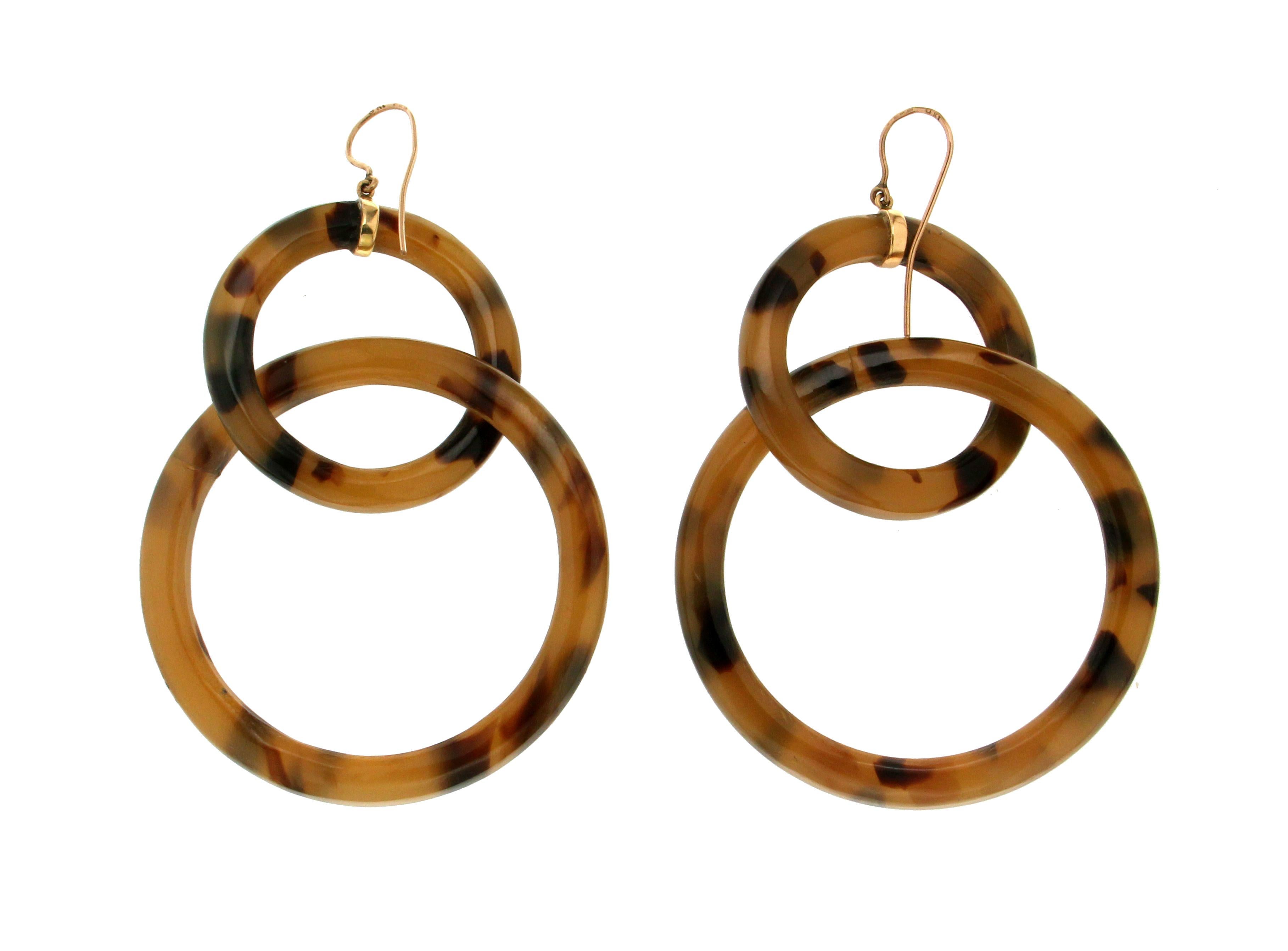 Artisan Handcraft Galalith 9 Karat Yellow Gold Drop Earrings For Sale