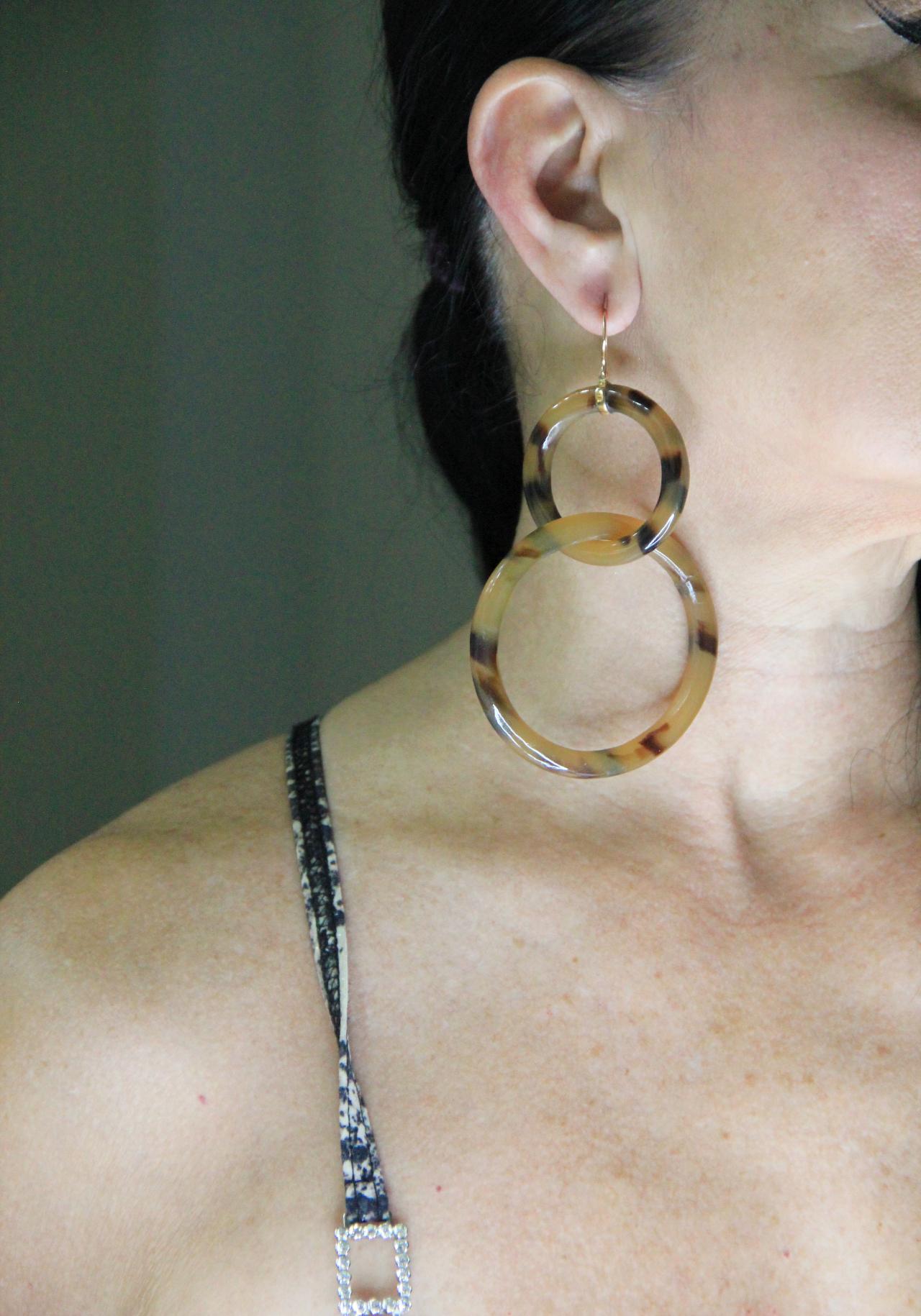 Women's or Men's Handcraft Galalith 9 Karat Yellow Gold Drop Earrings For Sale