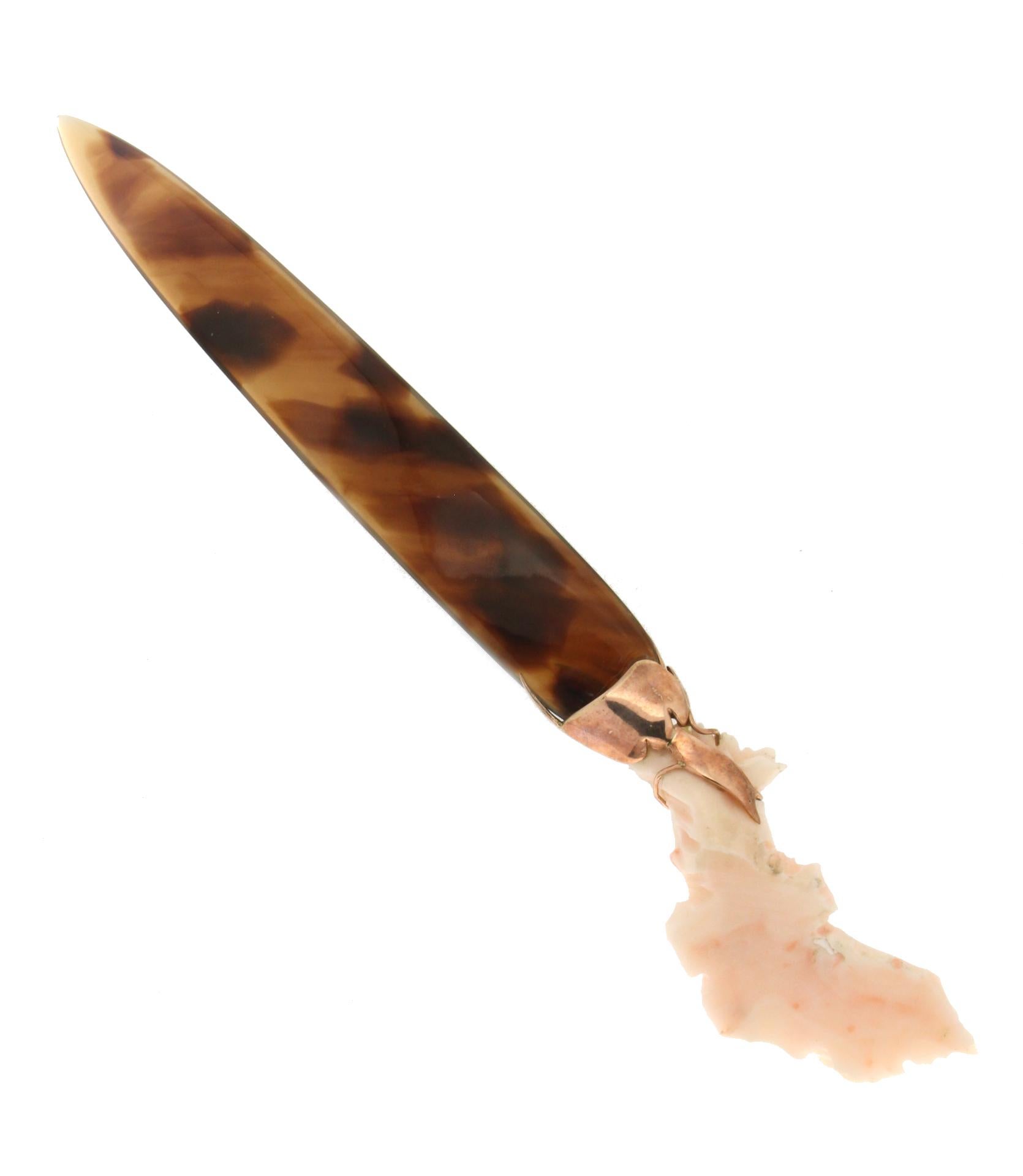 Artisan Handcraft Galalith Knife 9 Karat Yellow Gold Pink Coral For Sale