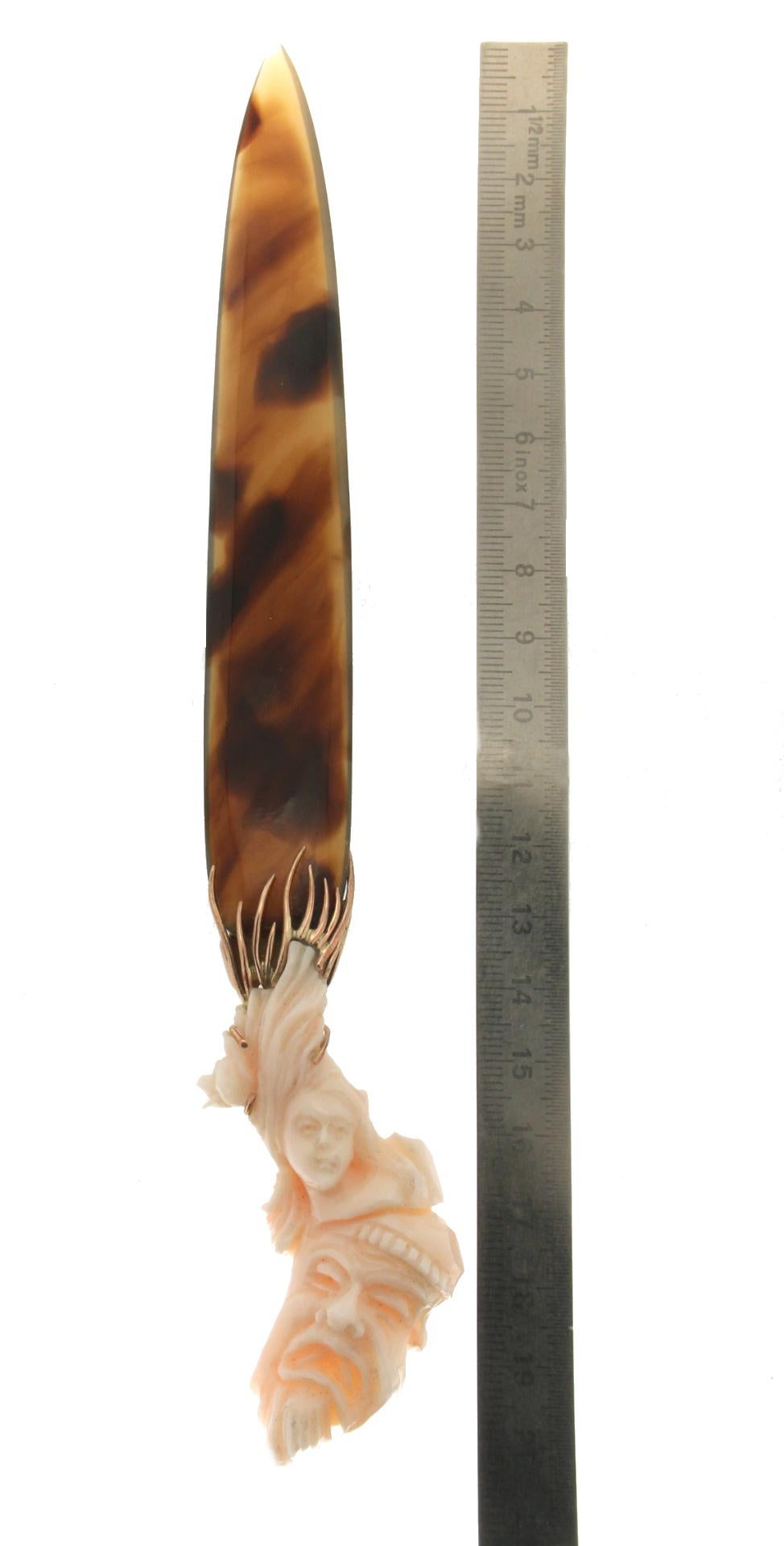 Uncut Handcraft Galalith Knife 9 Karat Yellow Gold Pink Coral For Sale