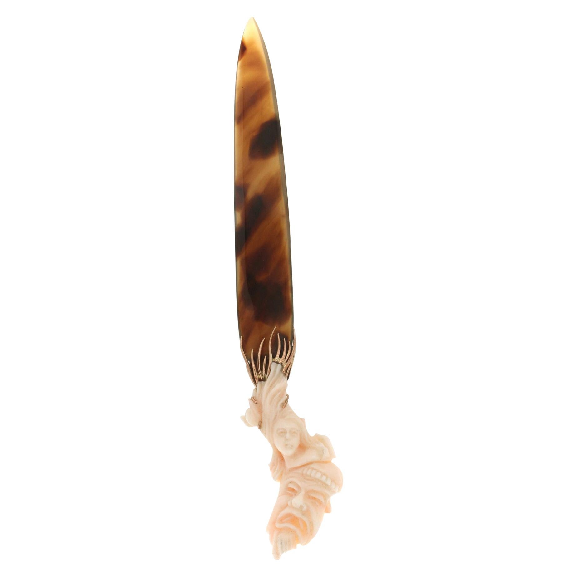 Handcraft Galalith Knife 9 Karat Yellow Gold Pink Coral For Sale