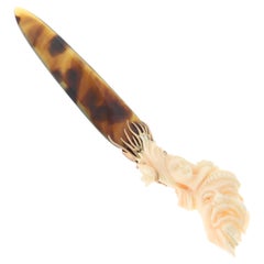 Antique Style 9K Gold & Galalith Desk Letter Opener, Hand-Carved Pink Coral Fig