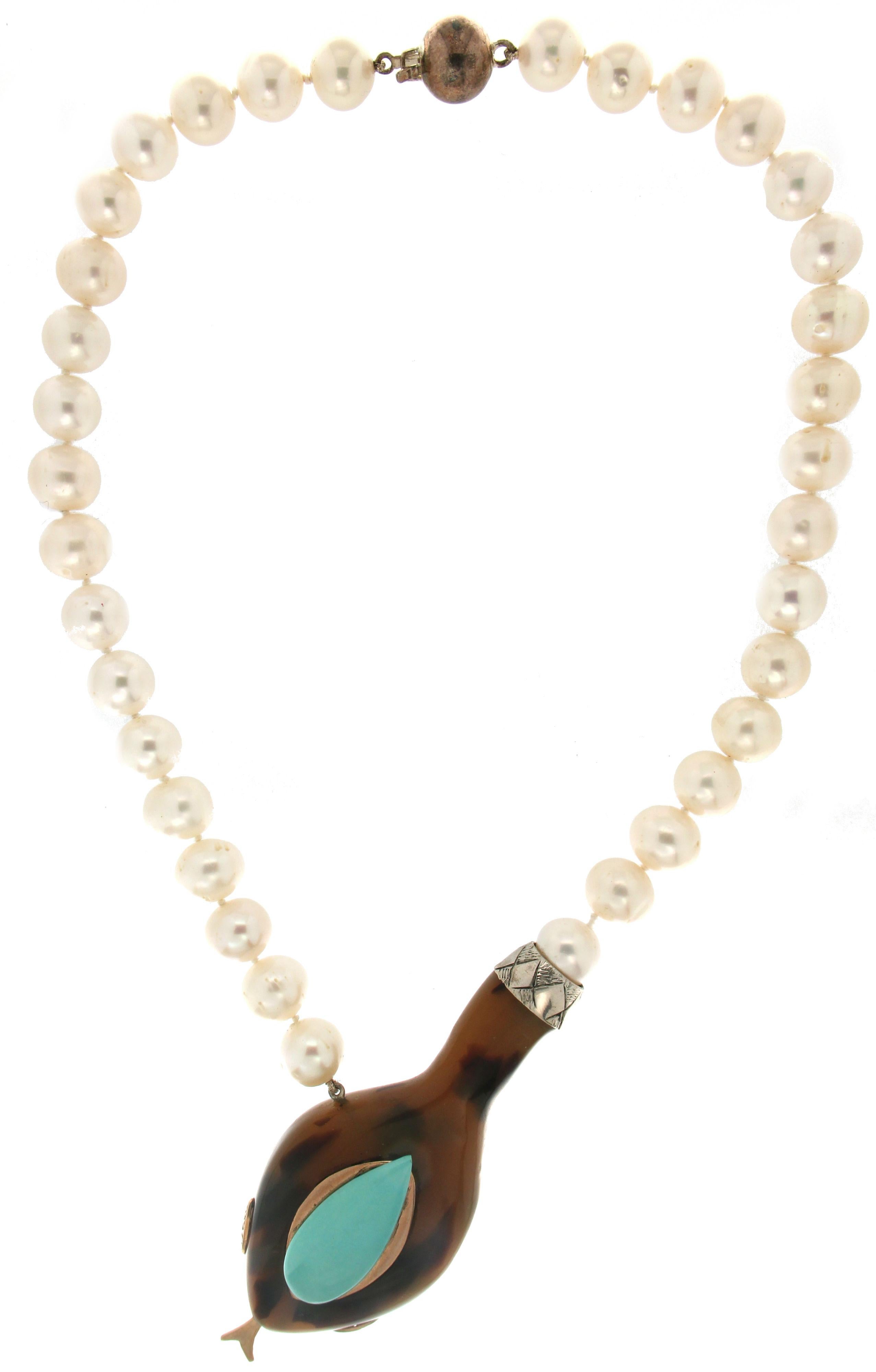 Artisan Handcraft Galalith Snake 9 Karat Yellow Diamonds Turquoise Pearls Necklace For Sale