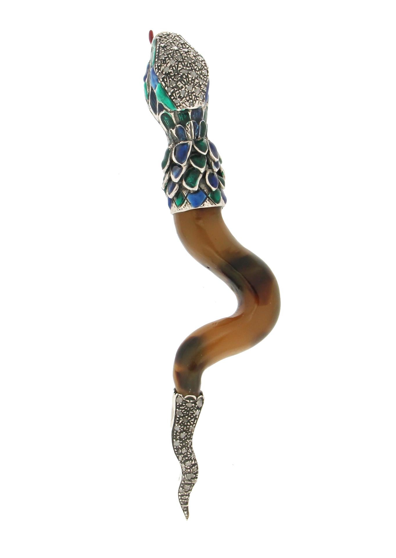 Artisan Handcraft Galalith Snake 9 Karat Yellow Diamonds Pendant Necklace For Sale