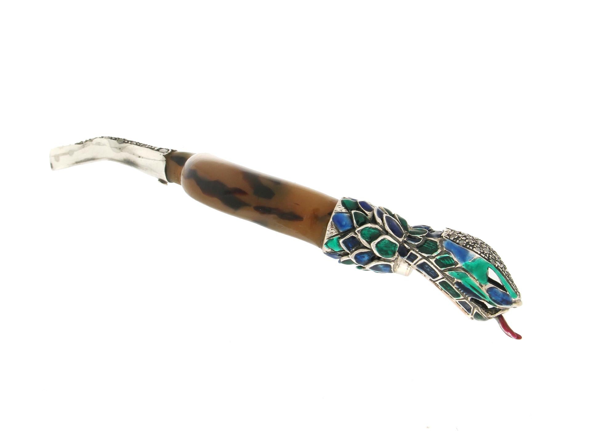 Women's Handcraft Galalith Snake 9 Karat Yellow Diamonds Pendant Necklace For Sale