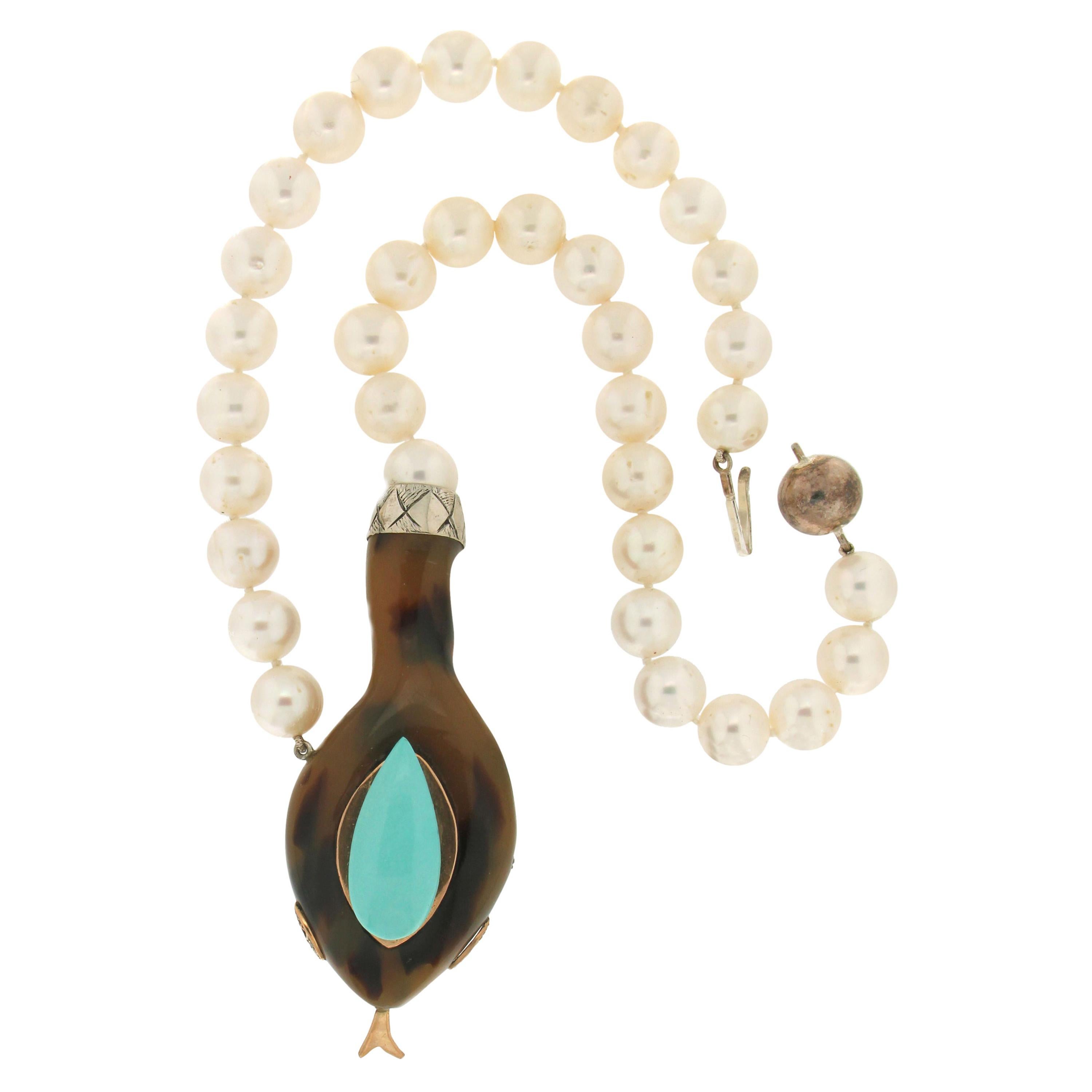 Handgefertigte Halskette, Galalith Schlange 9 Karat Gelbe Diamanten Türkis Perlen