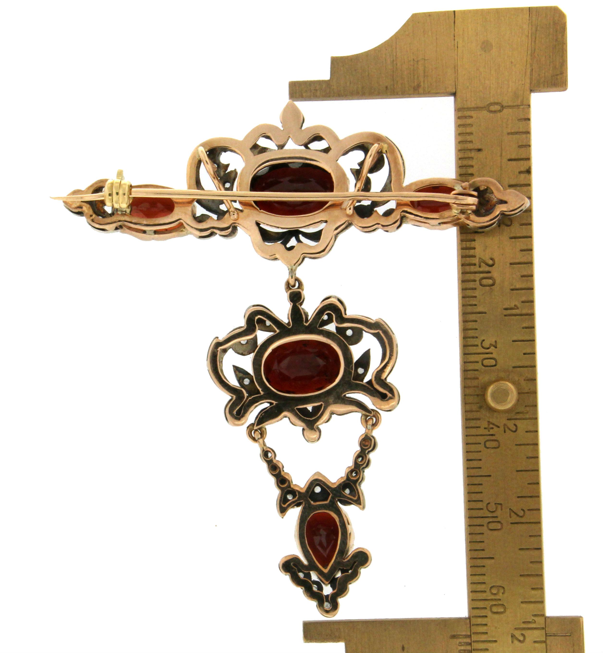 Oval Cut Handcraft Garnet 14 Karat Yellow Gold Diamonds Brooch and Pendant Necklace