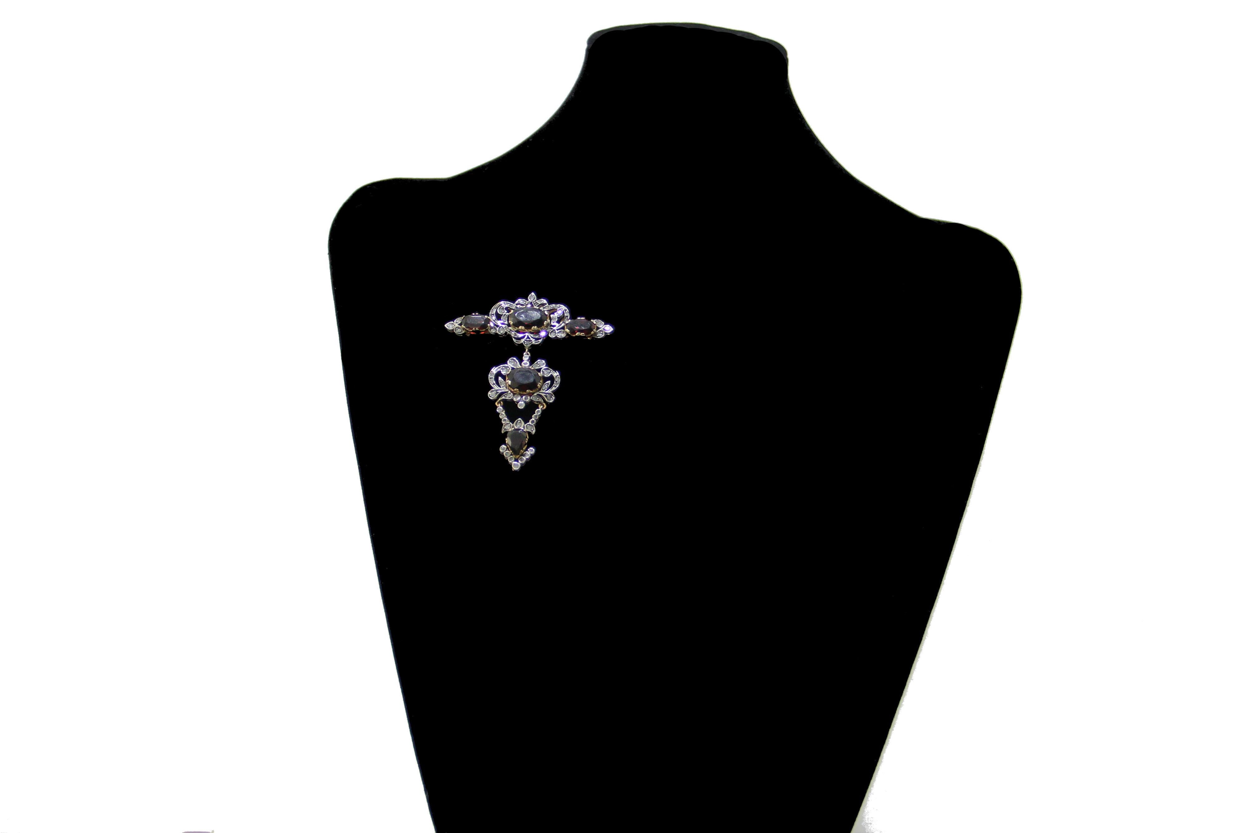 Handcraft Garnet 14 Karat Yellow Gold Diamonds Brooch and Pendant Necklace 1