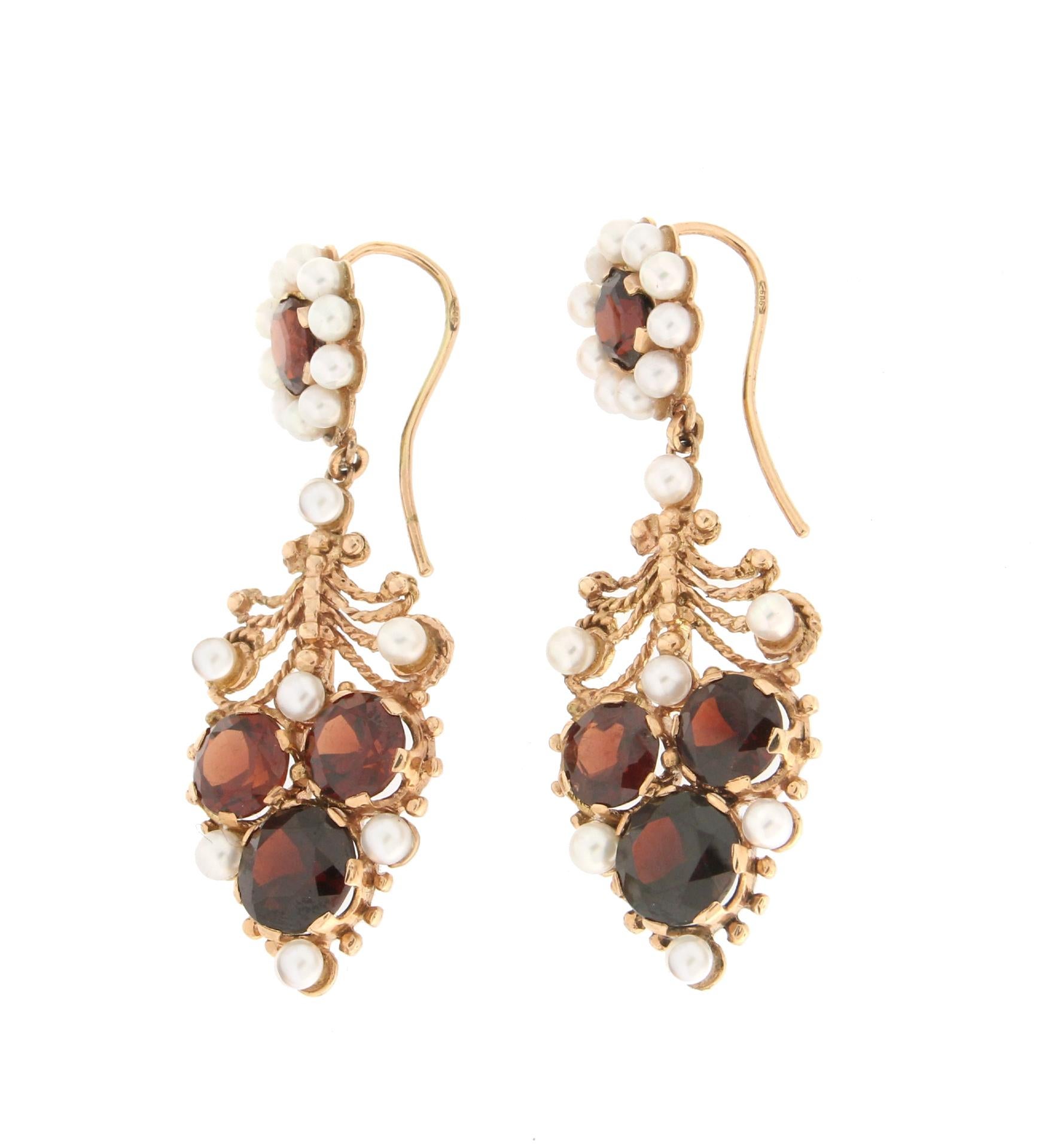 Artisan Handcraft Garnet 14 Karat Yellow Gold Pearls Drop Earrings