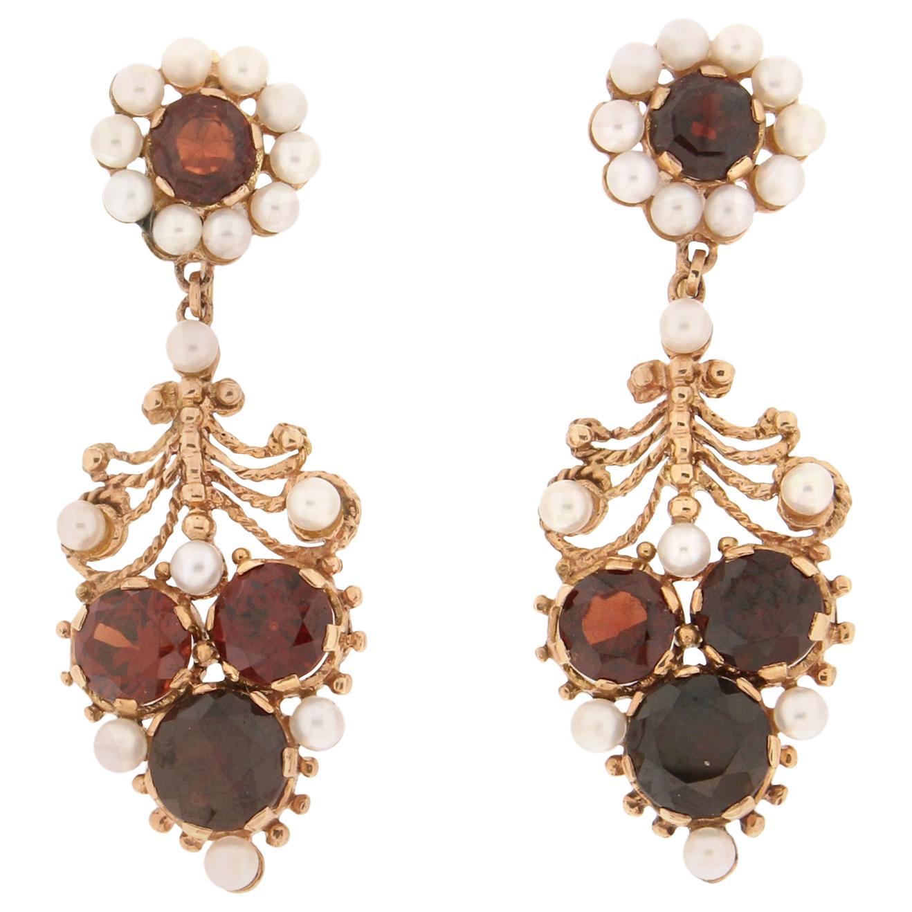 Handcraft Garnet 14 Karat Yellow Gold Pearls Drop Earrings