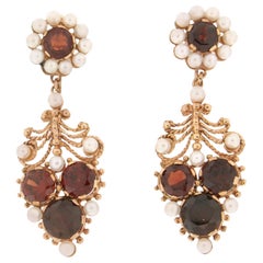 Handcraft Garnet 14 Karat Yellow Gold Pearls Drop Earrings