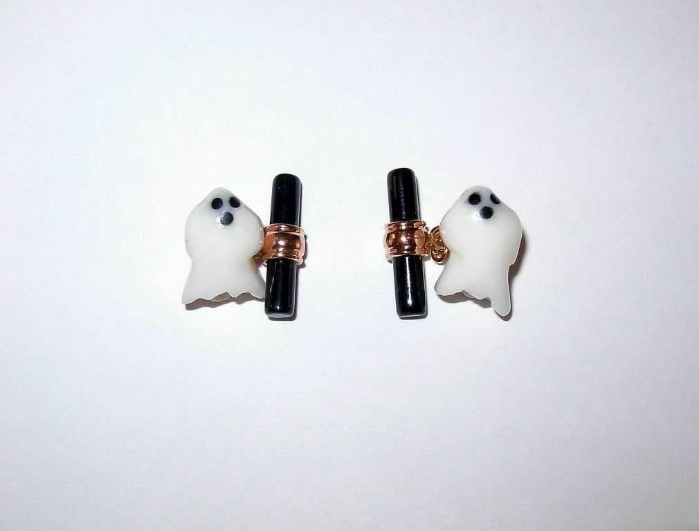 Artisan Boutons de manchette en or jaune 18 carats Agate et Onyx Handcraft Ghost en vente