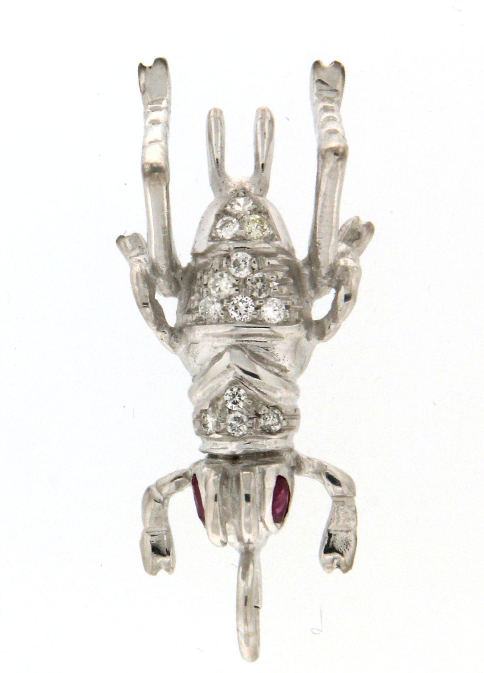 Handcraft Grasshopper 18 Karat White Gold Diamonds Ruby Pendant Necklace 4