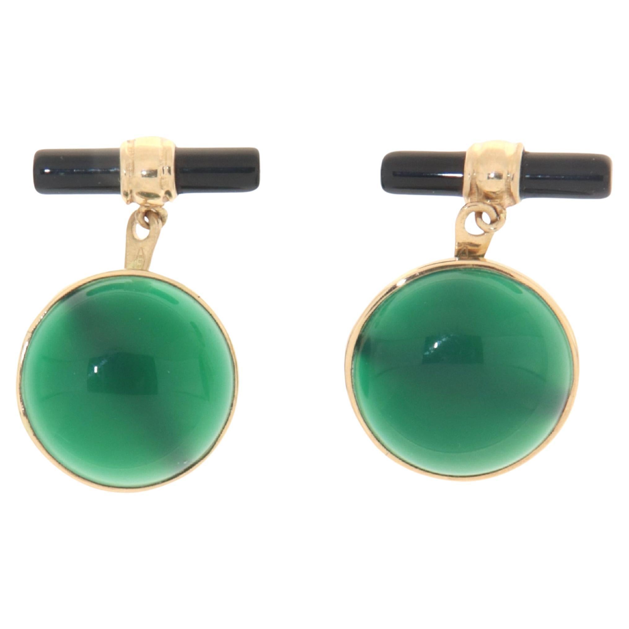 Gemelos artesanales de ágata verde de oro amarillo de 14 quilates