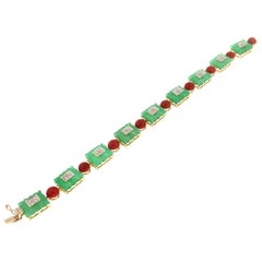 Handcraft Green Agate 18 Karat Gold Diamonds Coral Cuff Bracelet