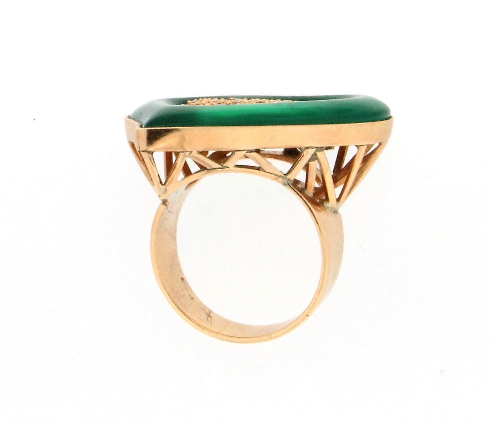 Artisan Handcraft Green Agate 18 Karat Yellow Gold Diamonds Cocktail Ring For Sale