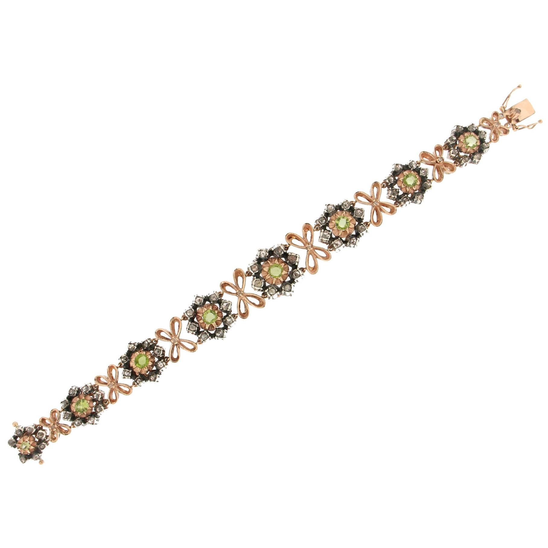 Handcraft Green Tourmaline 14 Karat Yellow Gold Diamonds Cuff Bracelet For Sale