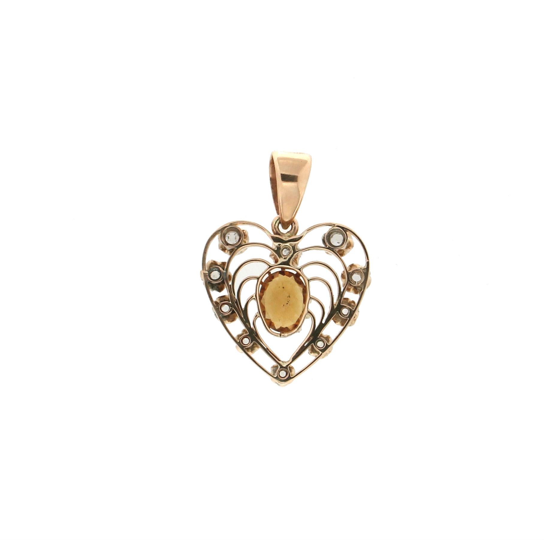 Handcraft Heart 14 Karat Yellow Gold Diamonds Citrine Pendant Necklace In New Condition For Sale In Marcianise, IT