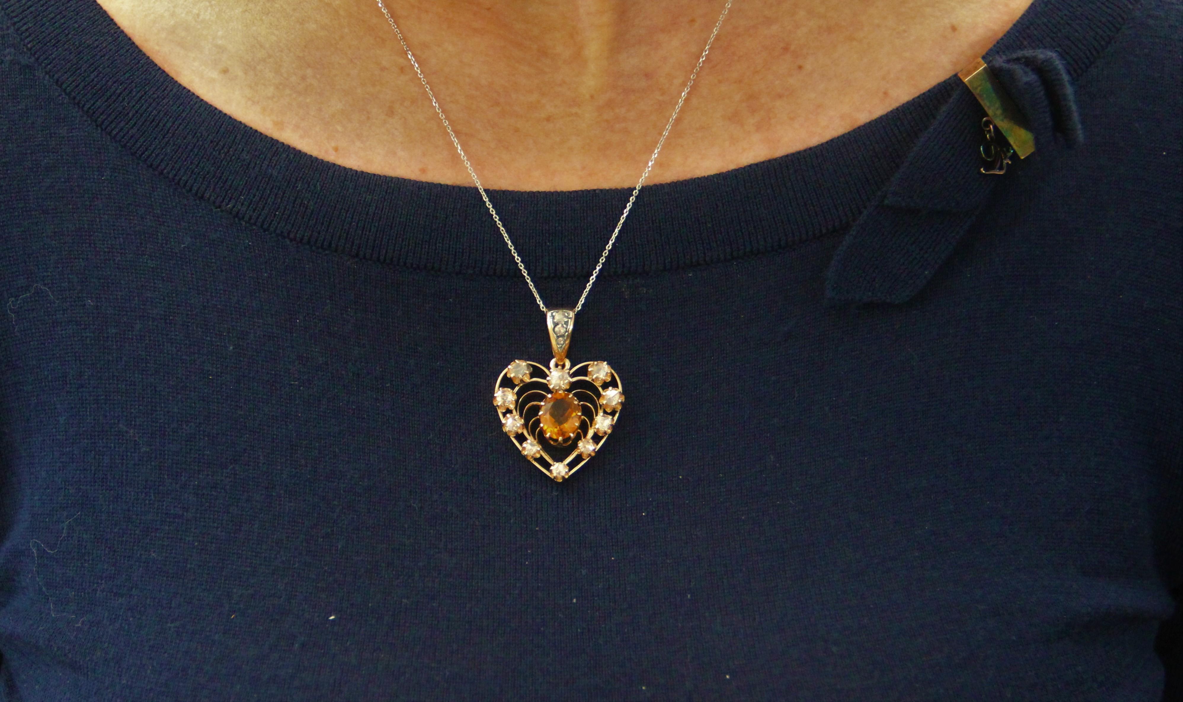 Handcraft Heart 14 Karat Yellow Gold Diamonds Citrine Pendant Necklace For Sale 2