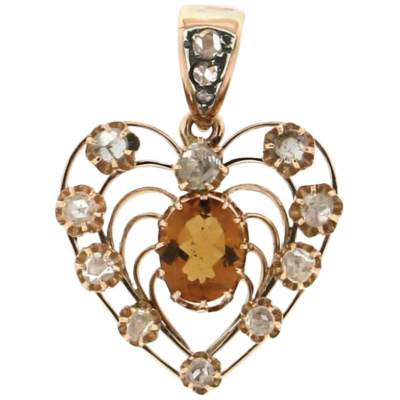 Collier pendentif cœur artisanal en or jaune 14 carats avec diamants et citrine