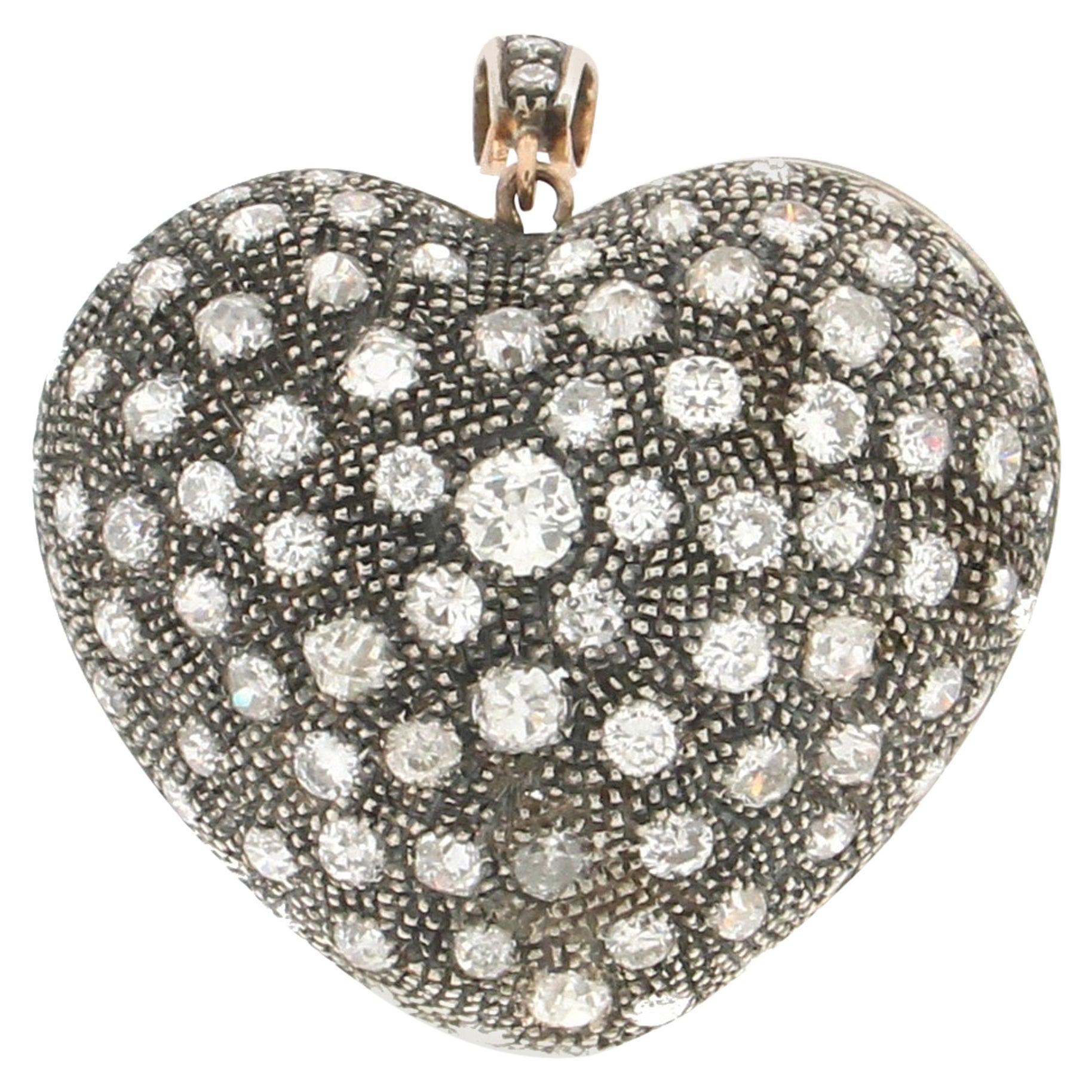 Collier pendentif en forme de cœur en or jaune 14 carats avec diamants, fabrication artisanale