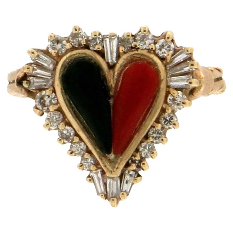 Handcraft Heart Coral Onyx 18 Karat Yellow Gold Diamonds Cocktail Ring For Sale