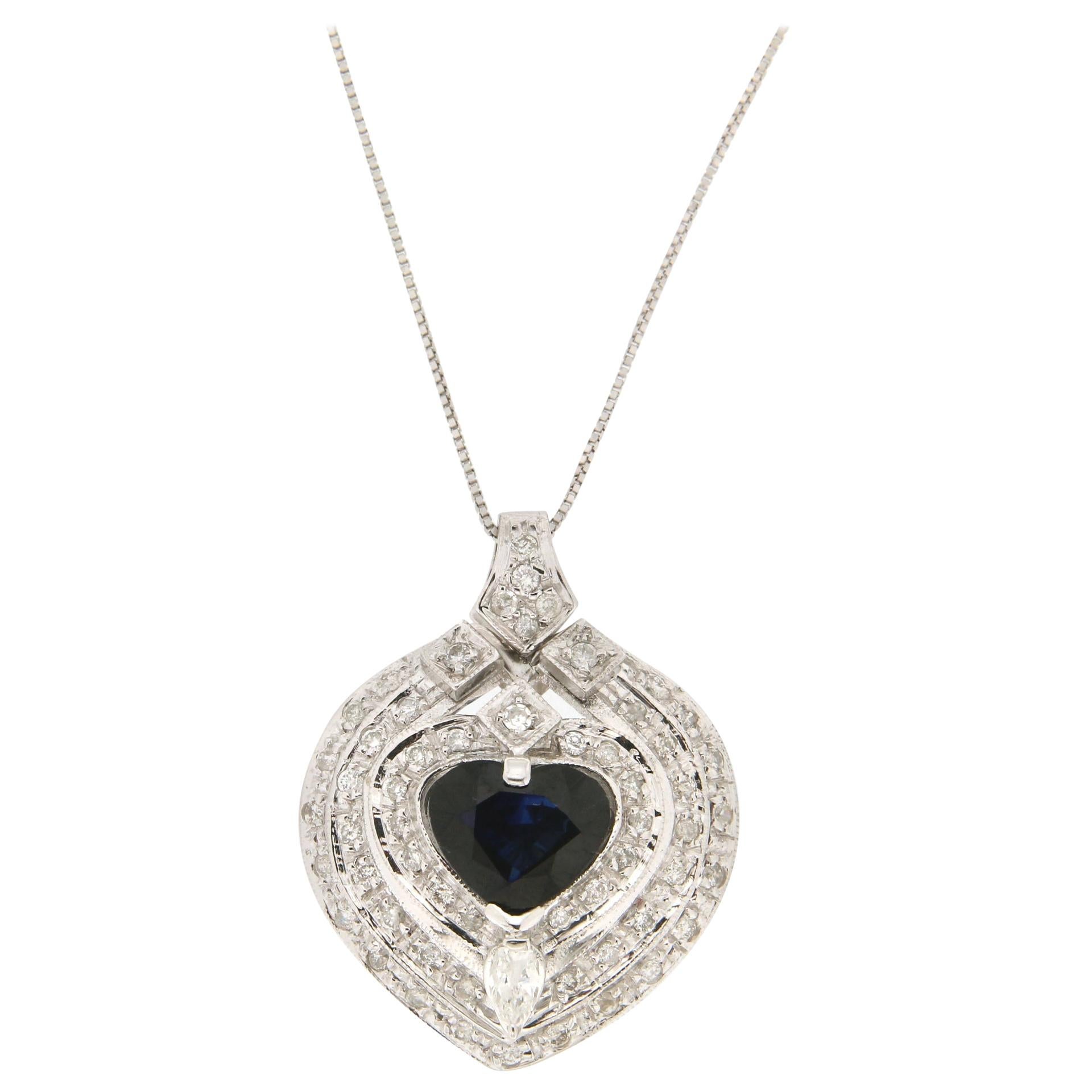 Handcraft Heart Sapphire 18 Karat White Gold Pendant Necklace For Sale