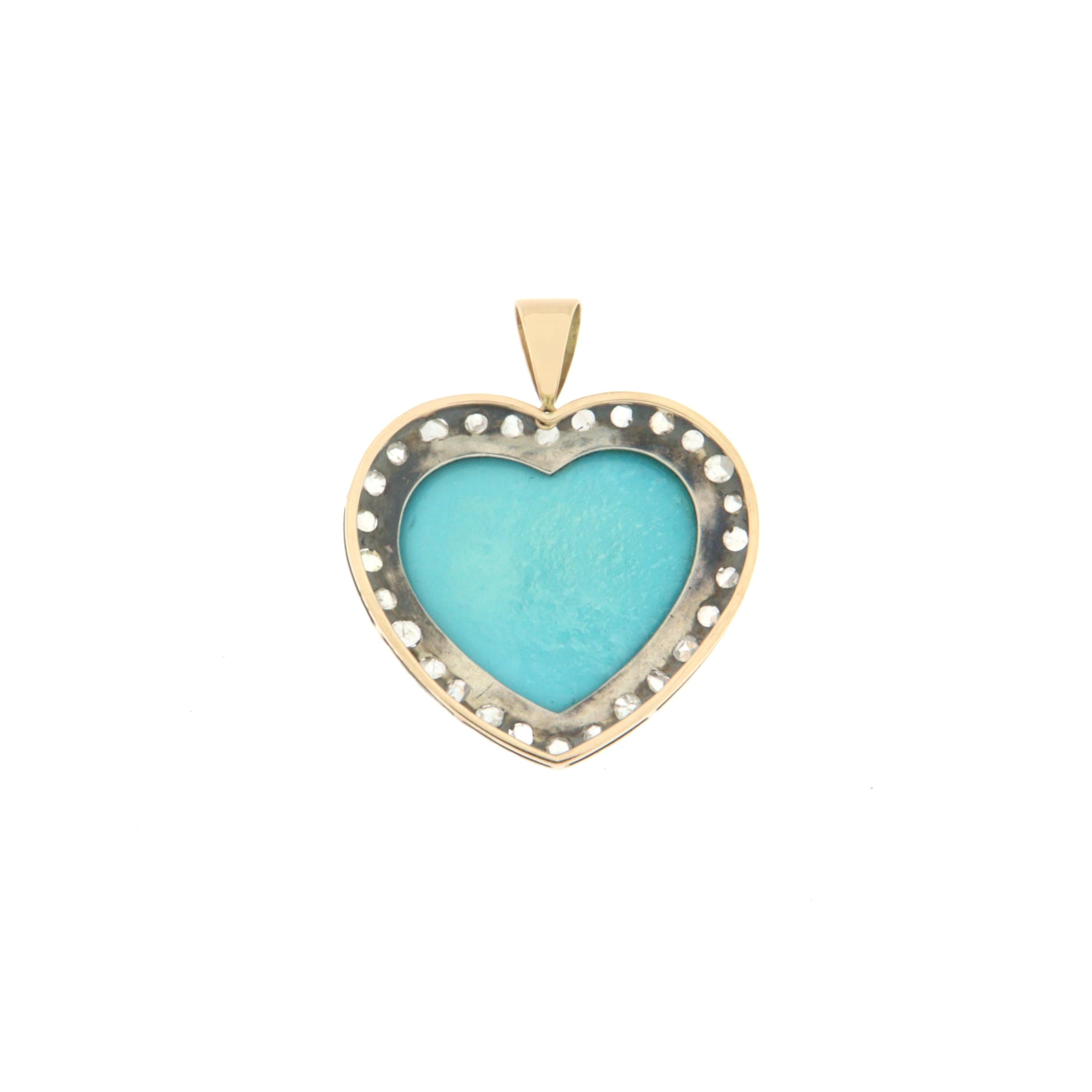 Handcraft Heart Turquoise 14 Karat Yellow Gold Diamonds Pendant Necklace In New Condition For Sale In Marcianise, IT