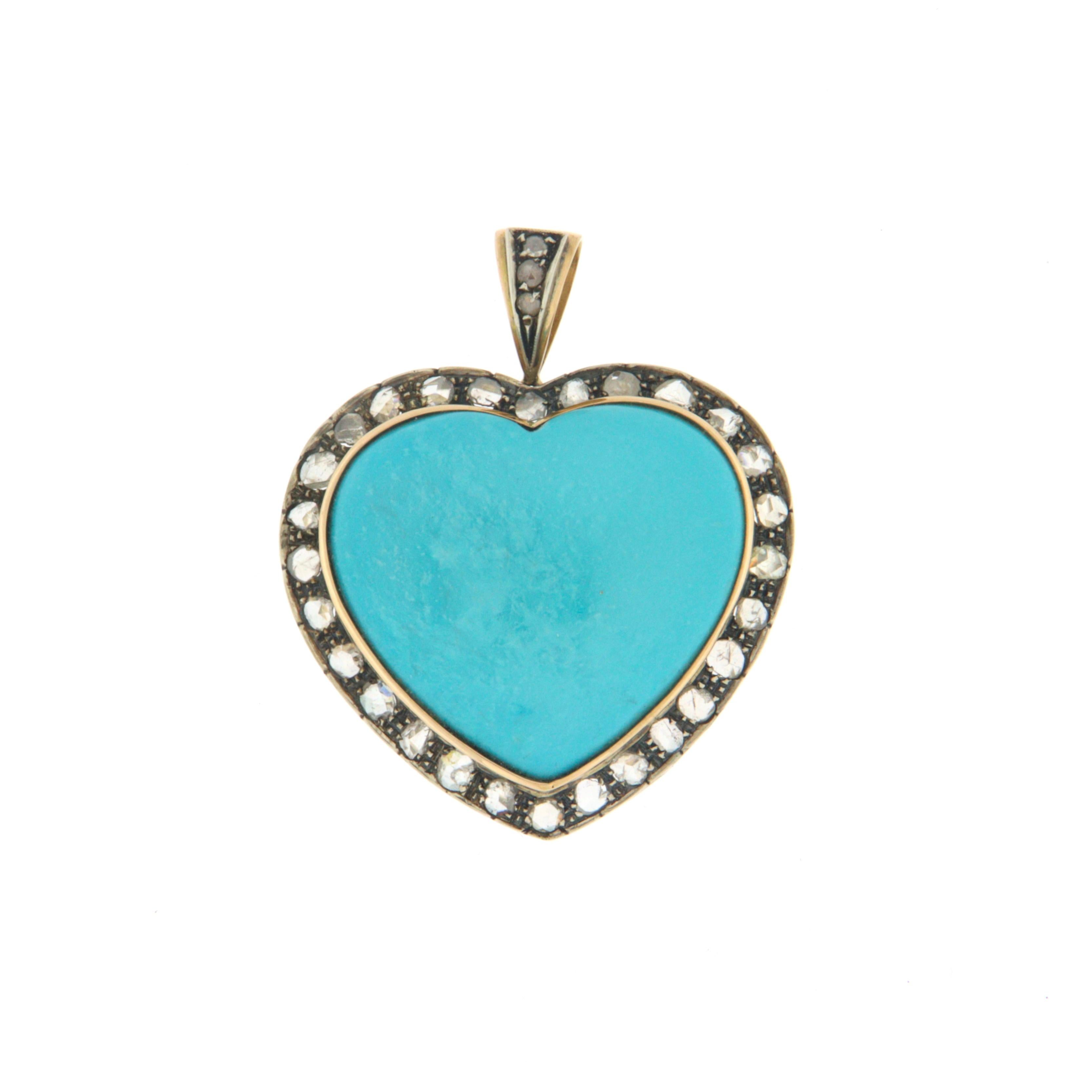 Women's Handcraft Heart Turquoise 14 Karat Yellow Gold Diamonds Pendant Necklace For Sale