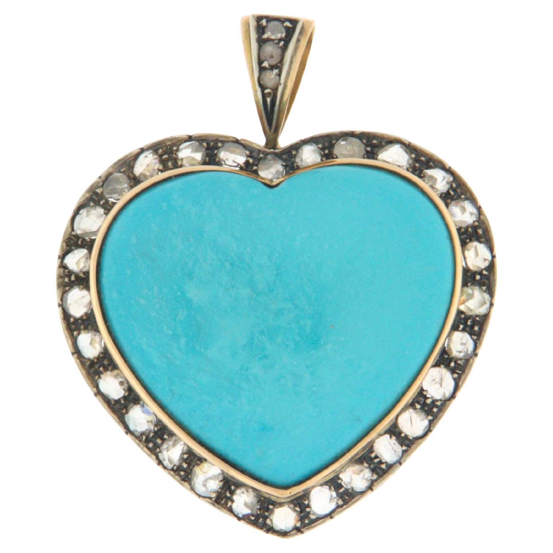 Collier pendentif artisanal en forme de cœur en or jaune 14 carats avec turquoises et diamants