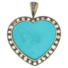 Collier pendentif artisanal en forme de cœur en or jaune 14 carats avec turquoises et diamants