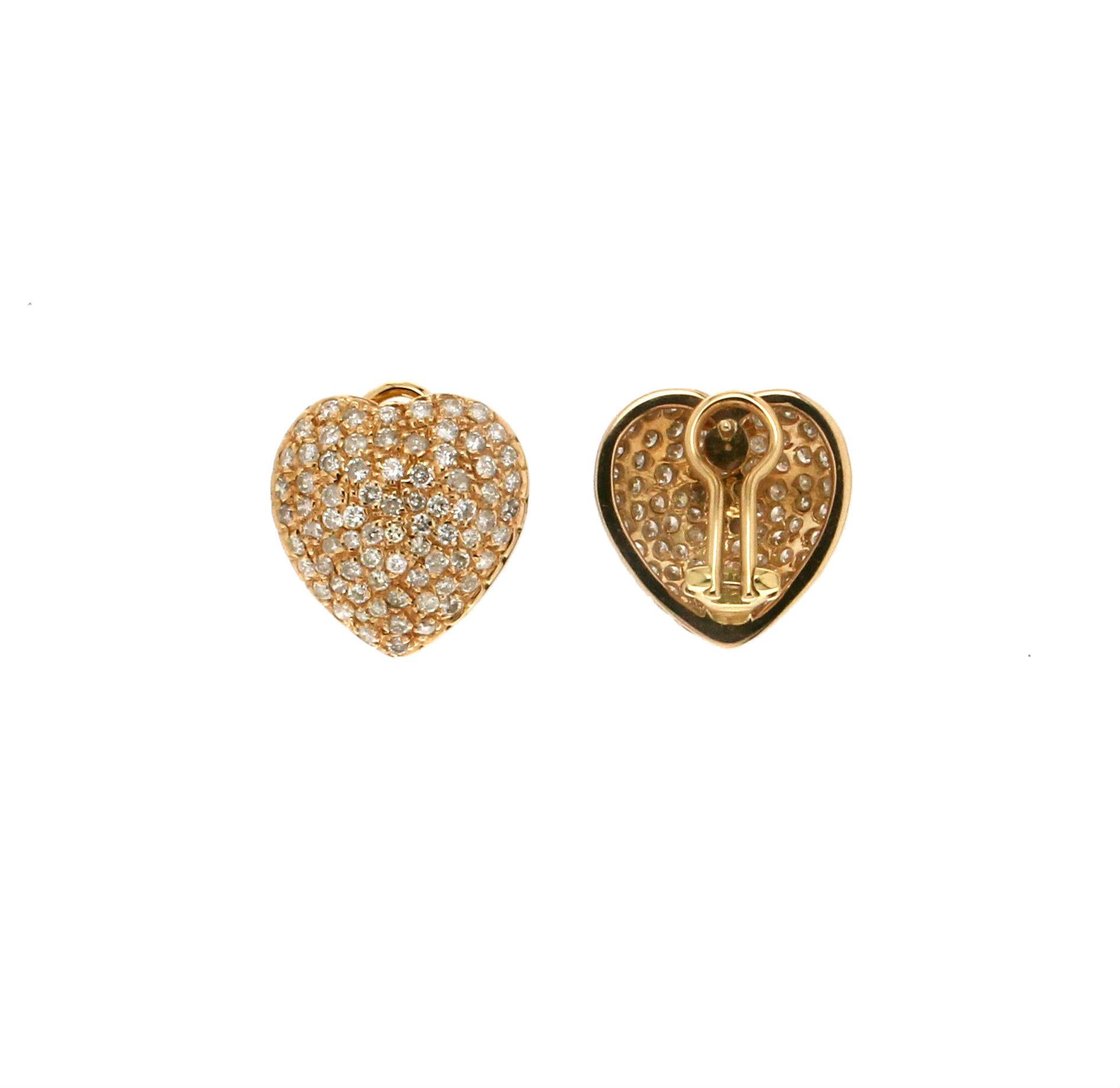 Brilliant Cut Handcraft Hearts 18 Karat Yellow Gold Diamonds Stud Earrings For Sale