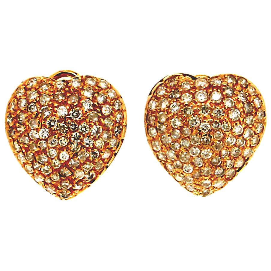 Clous d'oreilles artisanaux cœurs en or jaune 18 carats et diamants