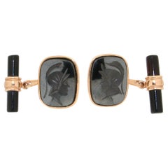 Boutons de manchette artisanaux en forme de barils en or jaune 18 carats et onyx avec hématite