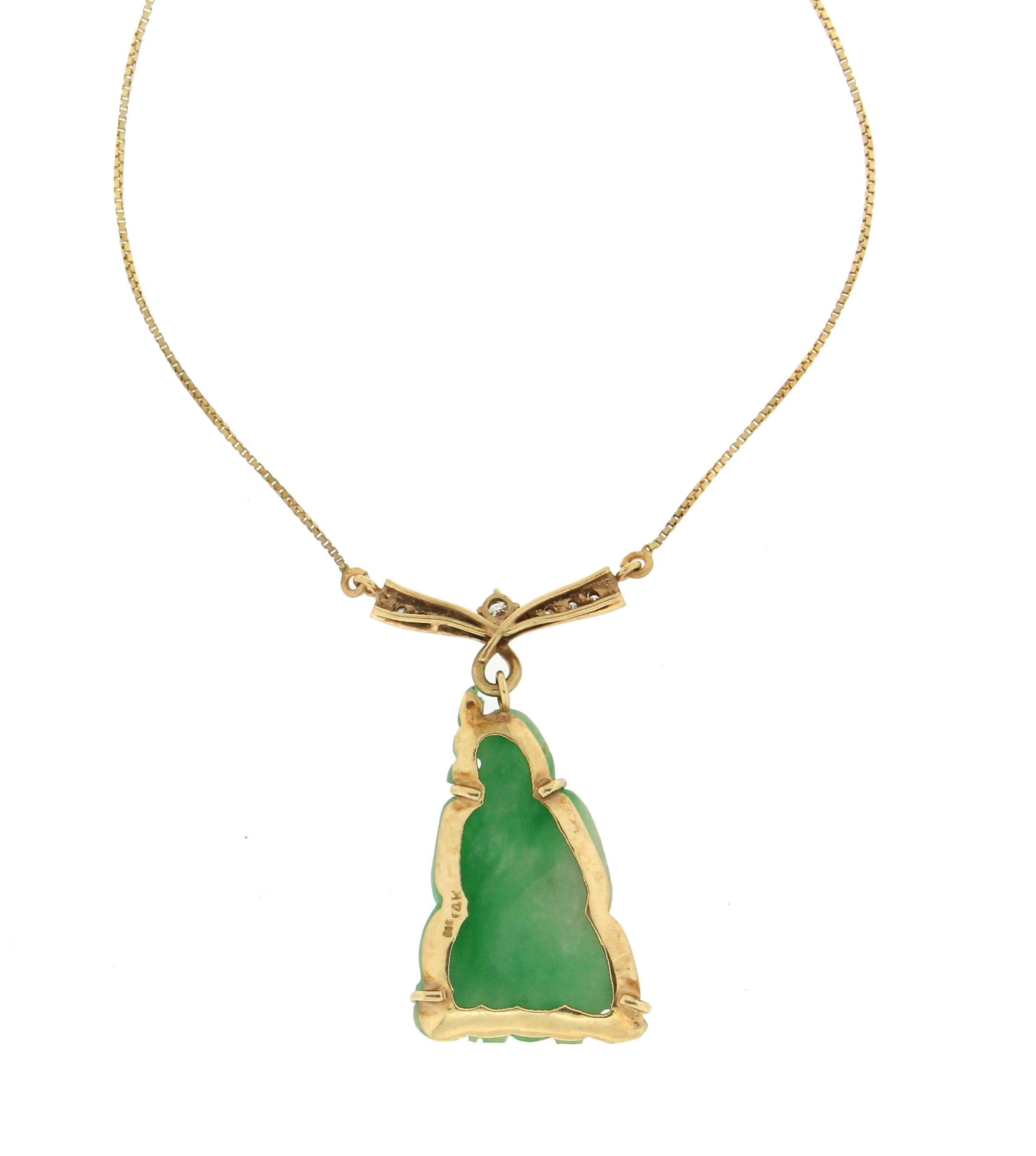 Mixed Cut Handcraft Jade 14 Karat Yellow Gold Diamonds Pendant Necklace For Sale