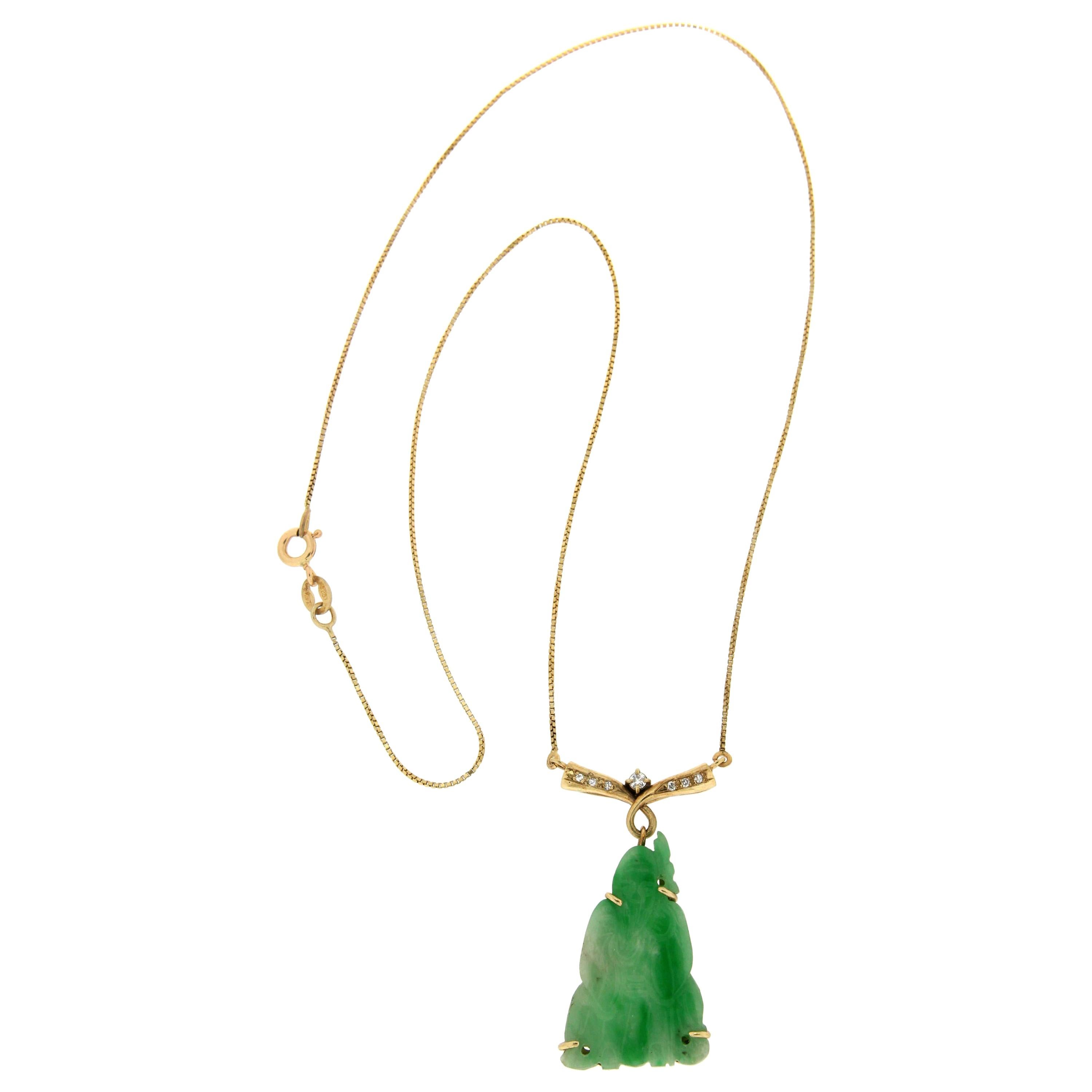Handcraft Jade 14 Karat Yellow Gold Diamonds Pendant Necklace For Sale