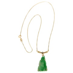 Handgefertigte Halskette aus Jade 14 Karat Gelbgold mit Diamanten-Anhänger